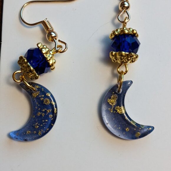 Blue with Cobalt Crescent Moon Earrings - Picture 6 of 6